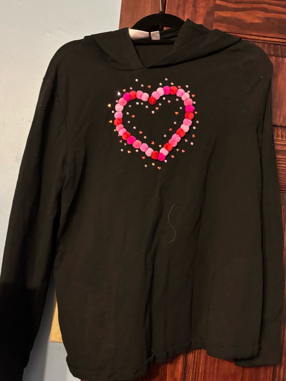 Quacker Factory Black Hoodie with Pink Pom-Pom Heart